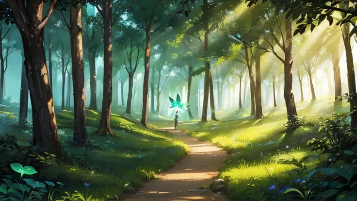 In the dark forest, under the sparkling sunlight, there are countless beautiful glowing fairies and beautiful glowing butterflies