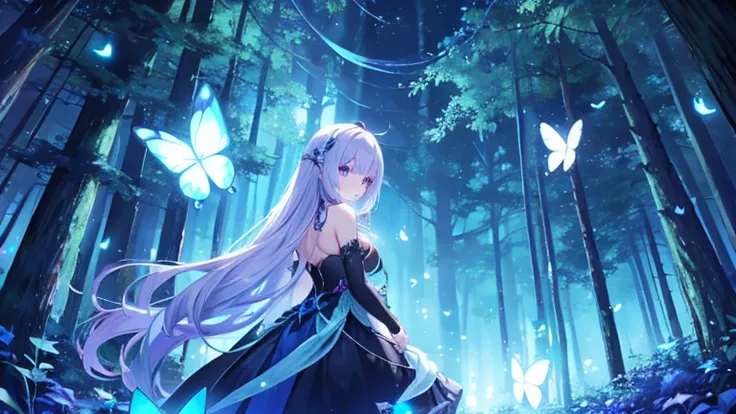 In the dark forest, there are many beautiful glowing butterflies and beautiful glowing fairies Mr./Ms..