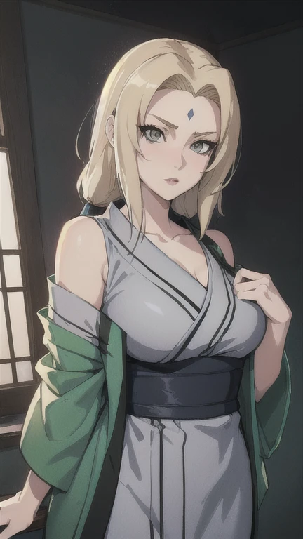 Tsunade, 1 girl, blonde hair, perfect eyes, symmetric eyes, big breasts, mature female, (masterpiece:1.2, best quality:1.2, beautiful, high quality, highres:1.1, aesthetic), detailed, extremely detailed, ambient soft lighting, 4K, perfect lighting,  yukata...