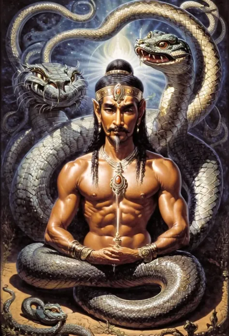 a painting of a man sitting in a lotus position with a snake, portrait of a sacred serpent, cyborg hindu godbody, naga, by phili...