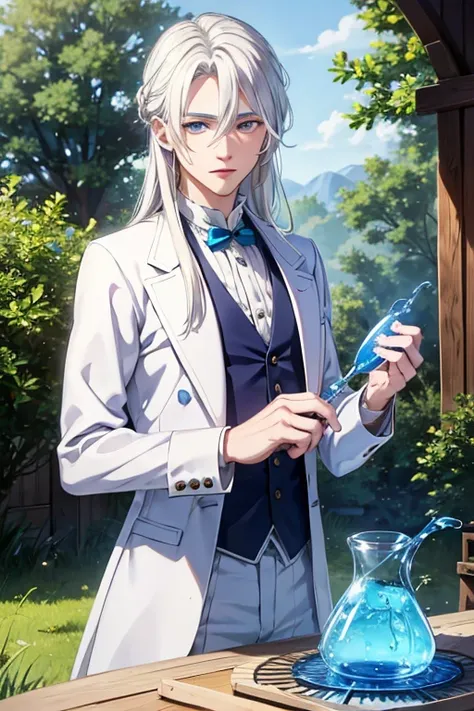 A young white haired man with blue eyes with long hair with blue eyes in a white victorian suit is making a potion in an outdoor lab