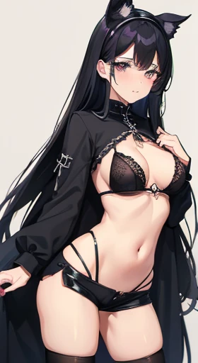 Woman with long black hair and a black top,european girl, very beautiful, top model gotica, 23 - year - big hips,e¿ gothic maiden anime girl, nude_shirt, unclothed,gallantry,sexy pose, (rubor), mirando al espectador, ((shorts negros)), escote, (((Caderas a...