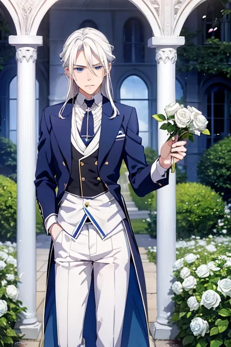 A young white haired man with blue eyes with long hair with blue eyes in a white victorian suit is blushing in a flurry of white rose petals in the garden