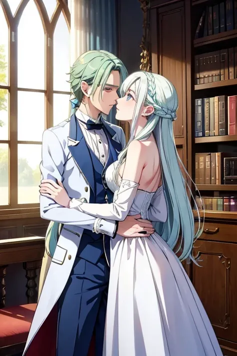 A young white haired man with blue eyes with long hair with blue eyes in a white victorian suit is kissing a light green haired female student with pink eyes and an hourglass figure in the library
