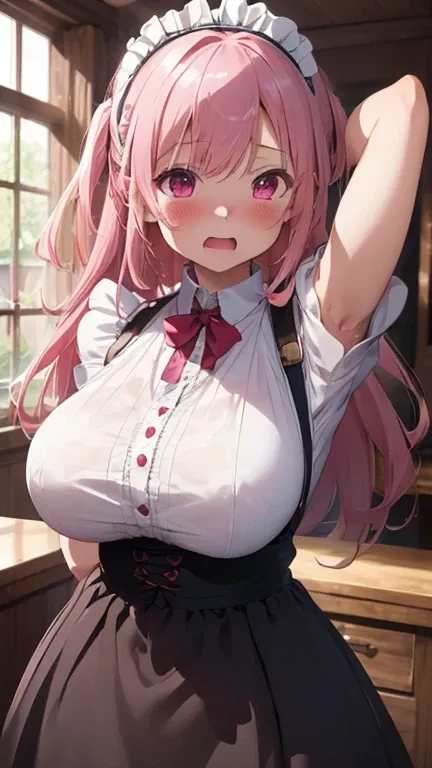 mastute piece,Best Quality,insanely detailed,8k cg,
shoot upper body,1woman,(spread both arms:1.3),(both hands out of frame:1.3),standing,body in front,looking at viewer,(maid),break,
blush,shy,(trembling:1.2),pink hair,break,open mouth,large breast,room,