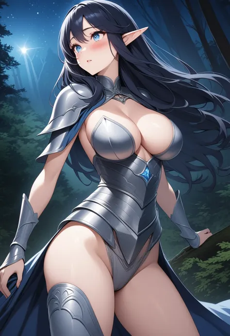 detailed illustration, ultra-detailed, illustration, forest, night, starlight, trees, elf, black-blue hair, long hair, large breasts, blue and silver armor, thighs, cleavage, blue eyes, brilliant eyes, from the side, sorceress, leg raised, blushing