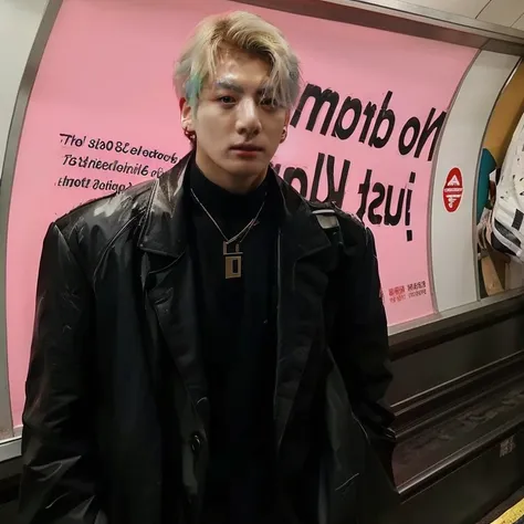 there is a man standing in front of a sign on the subway, cai xukun, homem sul-coreano, hyung tae, Tae June Kim, Hong junho hyung, vestindo roupas cyberpunk, Retrato de Jossi do Blackpink, vestindo jaqueta de couro cyberpunk, hyung tae kim, Yanjun Chengt, ...