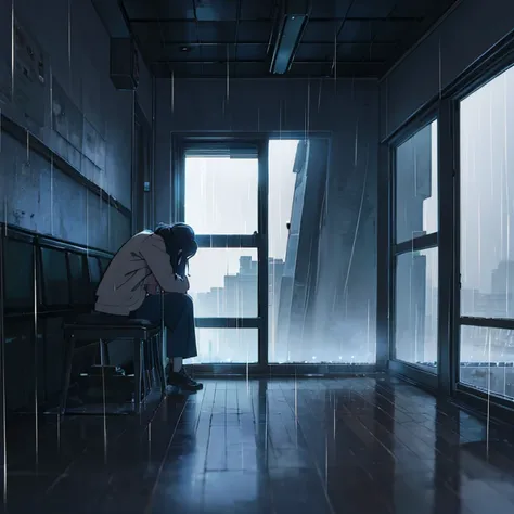 Girl sitting in the corner, window rain, hands on her head, looking down, dark light, depression, sad theme, long range shot, lonely, dark cloud, storm
