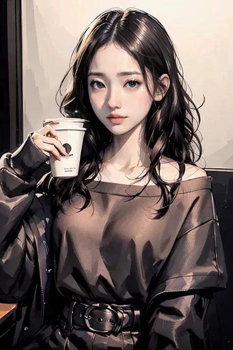 he is wearing a brown sweater and sitting in a cafe drinking coffee、a cute girl with long straight black hair, brown eyes and a ...