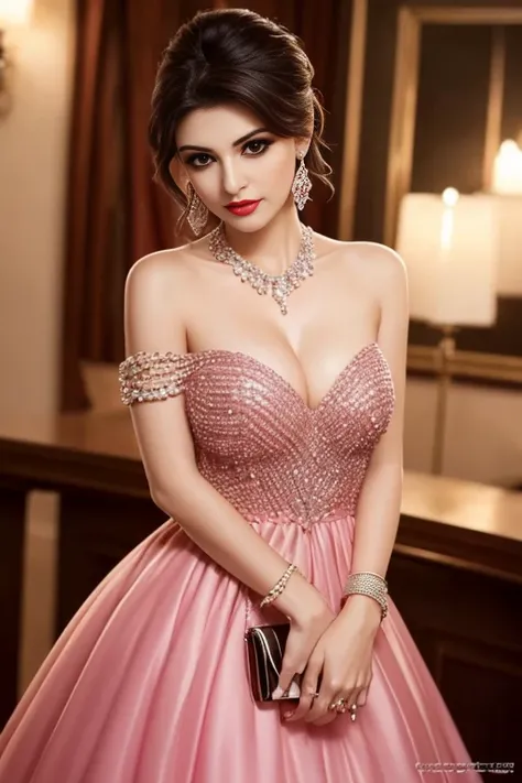 Lebanese woman, diamond dangling earrings, necklace, bracelets, small breasts, 40 years old, smokey eyes, cleavages, red lips, innocent face, pink fashion ball gown, stylish hairstyle, posing, modeling,