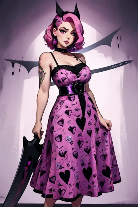 A pink haired woman reaper with violet eyes and an hourglass figure in a lace rockabilly dress is holding a scythe