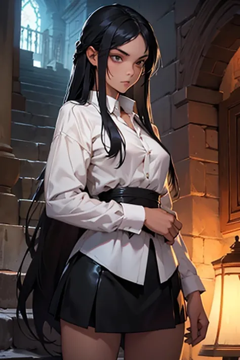 Fantasy dungeons scenario an Italian girl with very long black hair, thin, girl, the girl is wearing a blouse and a miniskirt with lapels, the girl is a prisoner