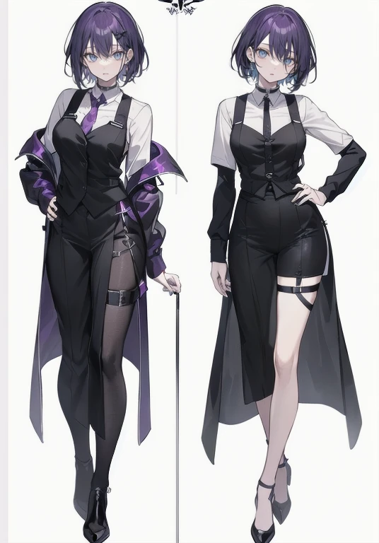 ((Perfect Face)),Purple Hair,Shortcuts,Adult female,bartender,((body Harness)),Black vest,((Shirt with rolled up sleeves)),tie,((slit)),((Simple Background)),smile,((whole body)),((full body)),Character portrait,upright,,Both arms are lowered,upright,