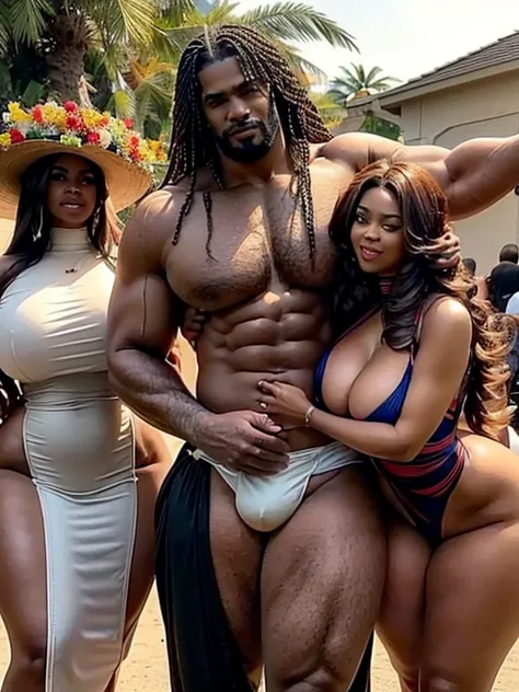 (Best Quality, 2k, Masterpiece, QHD: 1.3, A Handsome Black african barbarian man is surrounded by three women up against him touching him, at a mansion, wearing Swimsuits that show off body,  perfect bodies, women: long flowing hair, flowers in hair, seduc...