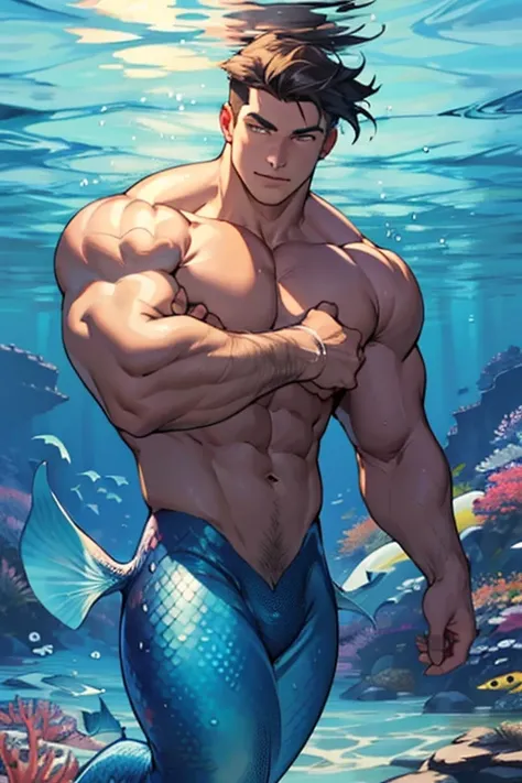 Muscular mermaid man in the sea 