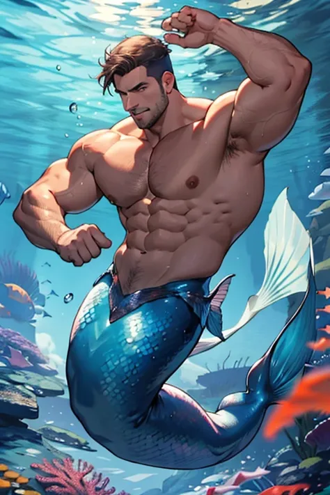 Muscular mermaid man in the sea 