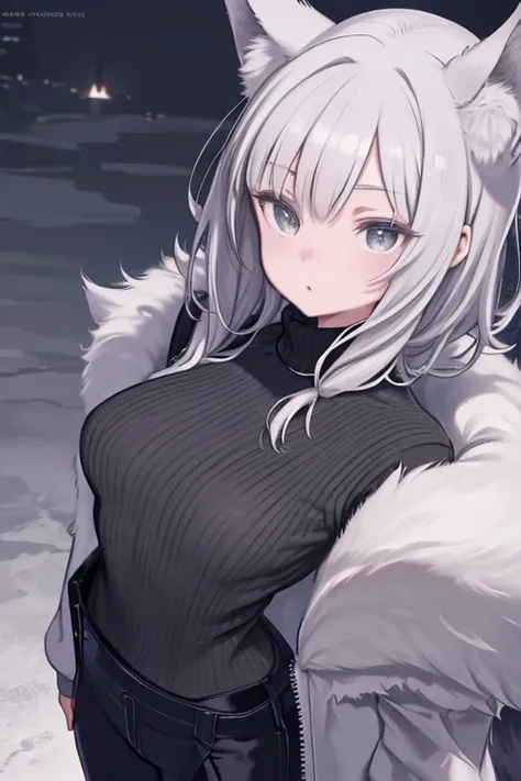 ASCII Real e621, Realistic, masterpiece, (((Anthropomorphic she-wolf, Anime Hair, Fur body, Wearing a grey turtleneck sweater and black cargo pants, at night, High angle front view))), Bright and sharp eyes and face: 1.4, Sharp details: 1.7, Extremely deta...