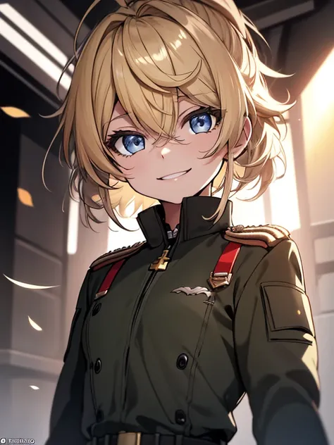 (Obra maestra, mejor calidad: 1.1), 1 chica solo, tanya, 1 chica, solo, , pecho plano, small breasts, curvas, militar, militar uniform, ,, Sonrisa maligna, evil expression, enojo, ojos rojos, Neutral lighting