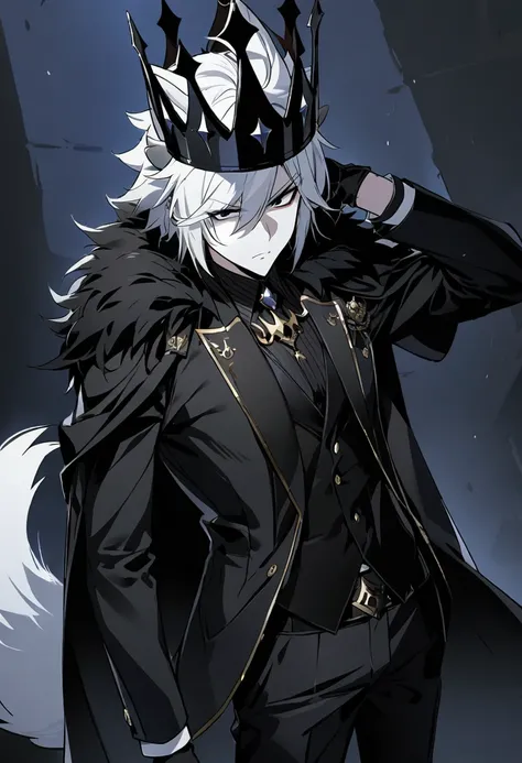 1 boy, white dog ears, white dog tail, shoulder length messy white hair, white skin, black eyes, threatening-seductive look, elegant black suit, black pants, black gloves, black king cape, black king crown, 4k.