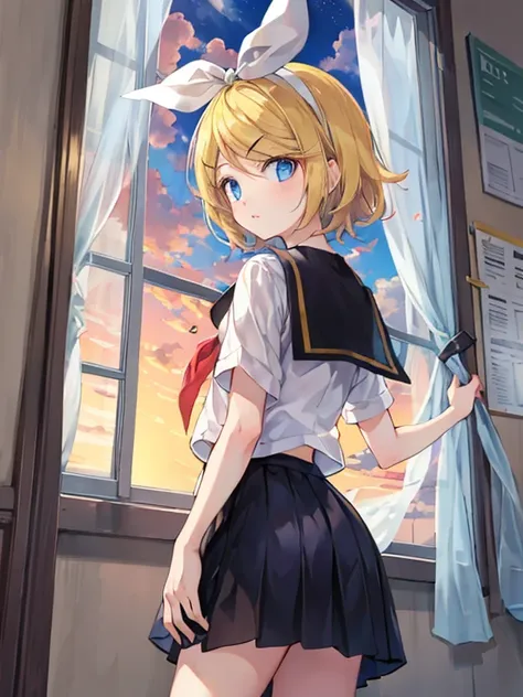 rin kagamine , por rubio  , colecciones 、ojos rojos、Hermosa chica sola、quimono、una minifalda、aula de escuela 、sentado en pupitre , luz de atardecer (entrando por la ventana , cortinas que se mueven un poco con el viento