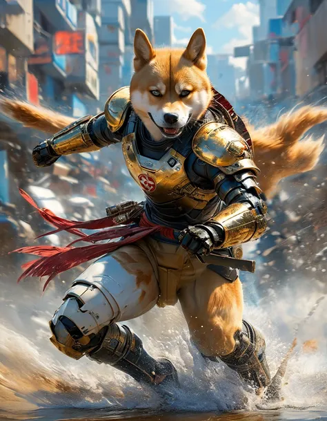 (full body shot:1.5),futuristic Platinum anthropomorphic shiba inu robotic, shiba inu as japanaese futristic robotic samurai, katana sword, dirty and painted armor, destroyed city, stormy weather, apocaliptic world, Super realistic, well detailed,photoreal...