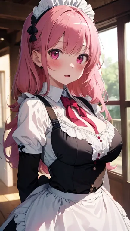 Masterpiece,highest quality,Very detailed,8k CG,
Photograph the upper body,1 Female,(Arms behind back),Are standing,Body facing forward,View your viewers,(Maid),
blush,shy,(trembling:1.2),Pink Hair,Open your mouth,Large Breasts,living,