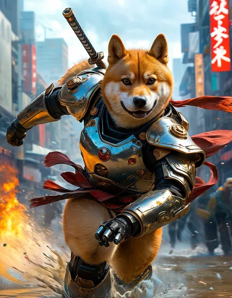 (full body shot:1.5),futuristic Platinum anthropomorphic shiba inu robotic, shiba inu as japanaese futristic robotic samurai, katana sword, dirty and painted armor, destroyed city, stormy weather, apocaliptic world, Super realistic, well detailed,photoreal...