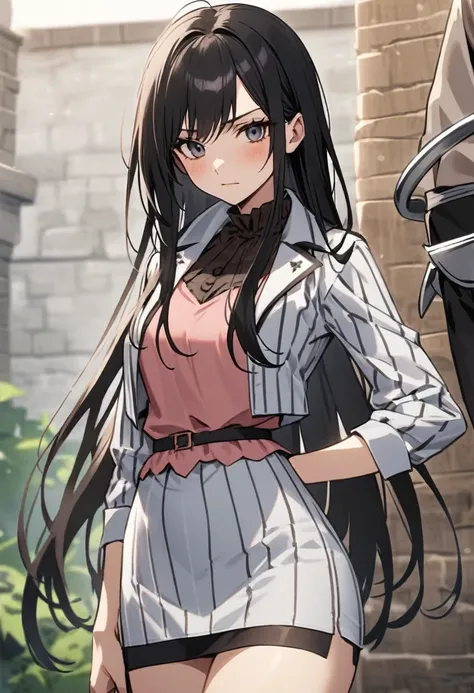 Fantasy dungeons scenario an Italian girl with very long black hair, thin, girl, the girl is wearing a blouse and a miniskirt with lapels, the girl is a prisoner