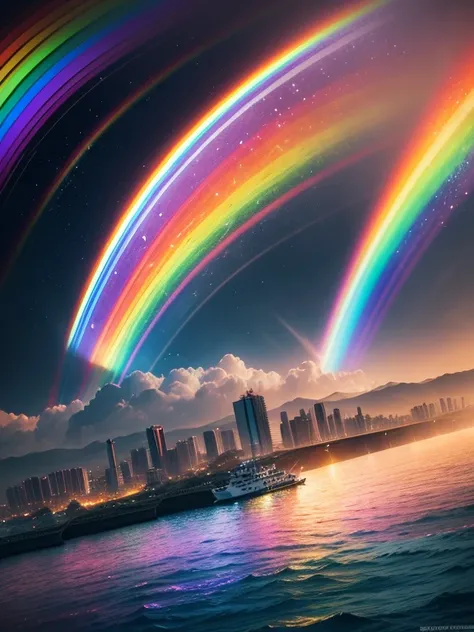 Rainbows appear over cities and rivers，hay barcos, Arcoiris en el cielo, fotograma de ophanim arcoiris, solo un arcoiris 8 k, Similar a la doble helada, nimbo arcoiris brillante, ethereal rainbows, Rainbow reflections, Rainbow clouds, arcoiris en el fondo,...