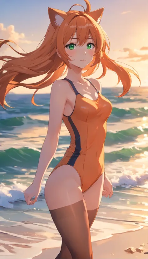 Anime girl with long orange hair, standing on the beach near the ocean, green eyes detailed digital anime art, cat ear, anime girl with long hair, гладкое аниме cg art, anime girl with long hair, digital anime art, work in Guweiz style, Beautiful anime por...