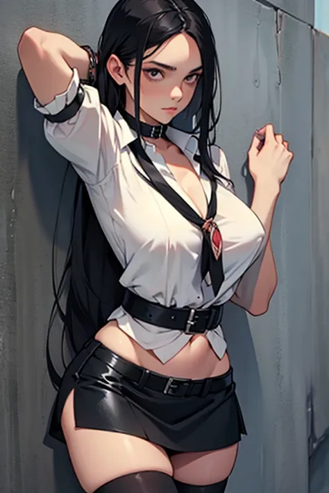 Fantasy dungeons scenario an Italian girl with very long black hair, thin, gigantic breasts the girl wears a blouse and a miniskirt with lapels, the girl is a prisoner, tied to the wall, slave collar