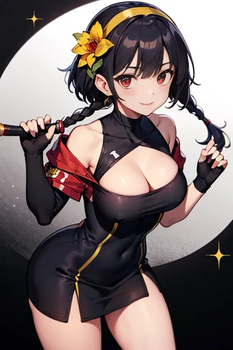 yor briar, anime style beutiful woman, 1girl, happy, sexy pause,(with sparkling eyes and a contagious smile:0.9),red face, closed mouth, beautiful detailed eyes, super detailed skin, backlighting, bare shoulders, black background, black dress, black gloves...