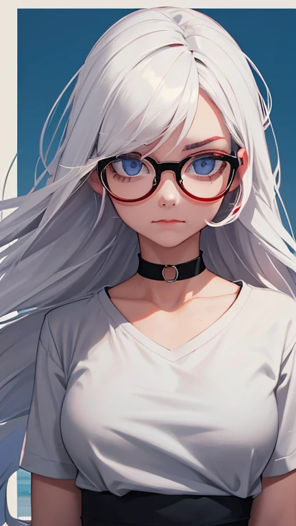 1girl, solo, glasses, long_hair, red_lips, white_hair, round_eyewear, black_shirt, closed_mouth, upper_body, looking_at_viewer, ...