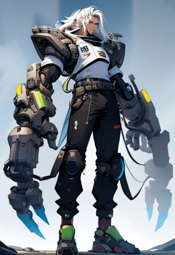 Human Male, long white hair ,Large mechanical arms , Full body ,Pants , 