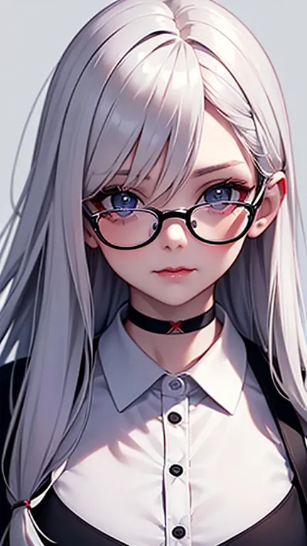 1girl, solo, glasses, long_hair, red_lips, white_hair, round_eyewear, black_shirt, closed_mouth, upper_body, looking_at_viewer, choker, grey_eyes, shirt, black-framed_eyewear, lips, letterboxed, blue_eyes