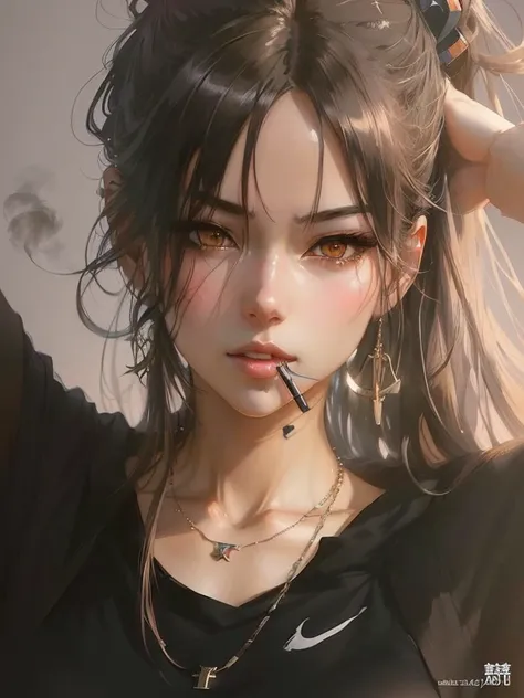 anime girl with a cigarette in her mouth and a necklace on her neck, realistic artstyle, artwork in the style of guweiz, anime realism style, realistic anime artstyle, with long hair and piercing eyes, realistic art style, realism artstyle, realistic anime...