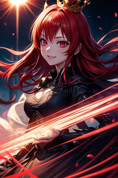 The Dark Princess of Blood-Eyed, Red hair, crown, Smile, anime style, lens flare, High Detail, First-person perspective, Movie Lighting, masterpiece, Super Detail, best quality, 8k, Ultra HD