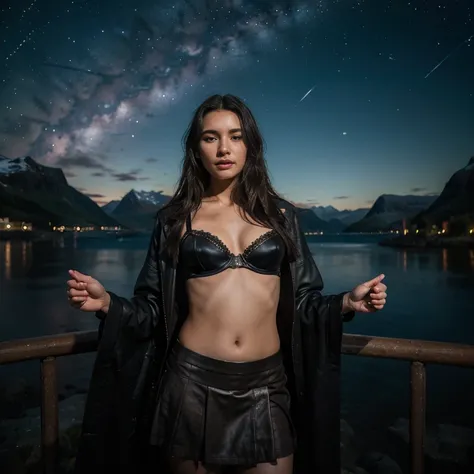 a woman, 25ear old, long black hairs, textured skin, a lot of details, in a fjord, with a viking skirt and a leather bra, starry Night, milky way, 