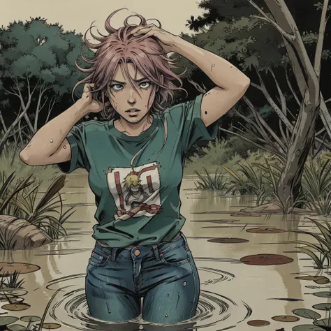 An anime woman with colored hair and t-shirt and jeans drowning in the middle of swamp, depraved, caught, sinking, sweat, desperate cry, gloomy ecstasy