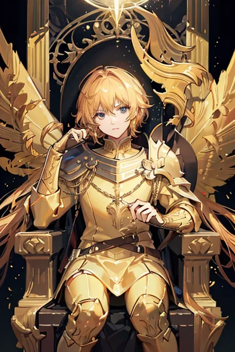 A chracter called Goldenx .he wears a golden armor which also covers his .he is king and knight who is the stronest and most powerful one . HE sits in his throne room with a glow and golden feathers are falling from the above