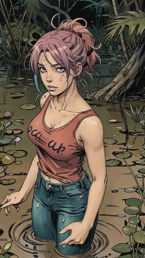 An anime woman with colored hair and t-shirt and jeans drowning in the middle of swamp, fetishistic action, depraved, caught, sinking, sweat, blushed, desperate cry, 