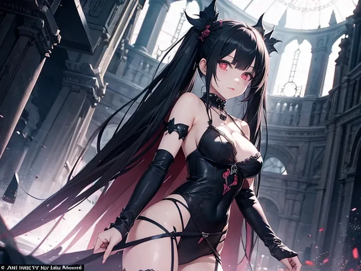 captivating scene featuring a cute anime-style gothic girl with distinctive features, set against the backdrop of hell&#39;s won...