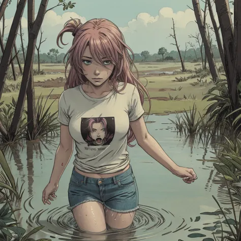 An anime woman with colored hair and t-shirt and jeans drowning in the middle of swamp, fetishistic, depraved, caught, sinking, sweat, blushed, fuck herself