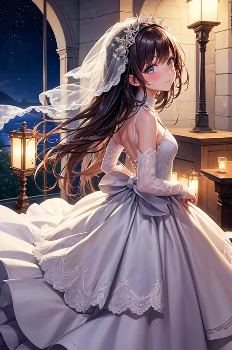 (best quality, HD, masterpiece:1.2,), illustration, night, 1 Girl, whole body, (Wedding dress), Arms behind your back, Waiting for a kiss, Looking at the audience, Happy, blush,