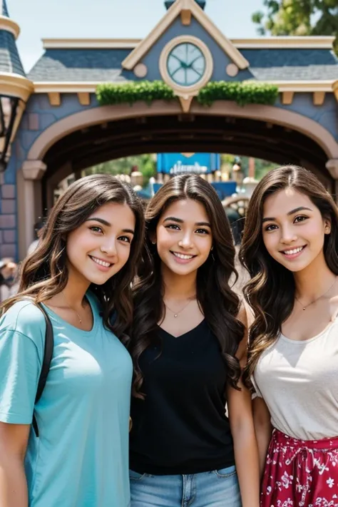 friends group highlights wearing a casual clothes, highly detailed, 22 years old, innocent face, natural wavy hair, hazel eyes, Beauty 5 people, 5 people beauties, Casual clothes, A hyper-realistic, Smiling expression, Disneyland hiquality, Friends group, ...