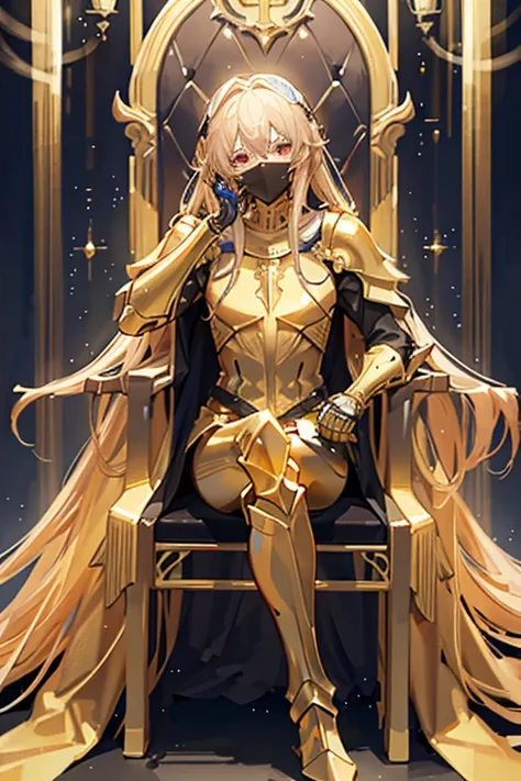 Golden knight , male, full armor , throne room ,crystals, glow, golden time , covered face