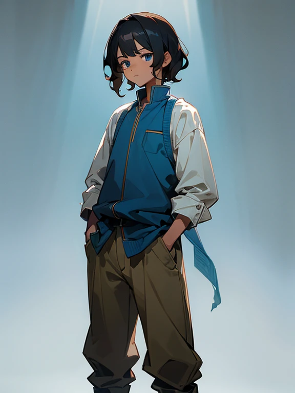 Boy with short wavy black hair, brown skin, blue eyes and Clothing in Maya blue colors, Standing frontally with arms in pockets 