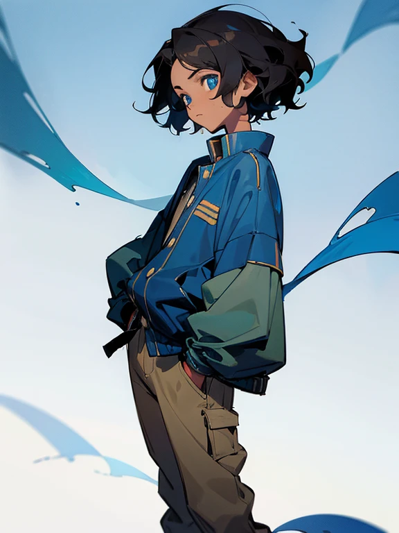 Boy with short wavy black hair, brown skin, blue eyes and Clothing in Maya blue colors, Standing frontally with arms in pockets 