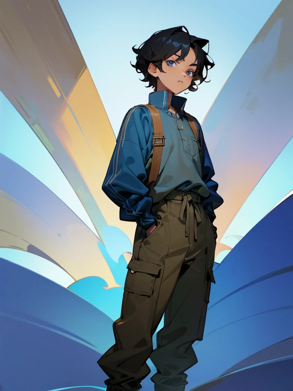 Boy with short wavy black hair, brown skin, blue eyes and Clothing in Maya blue colors, Standing frontally with arms in pockets 