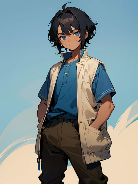 Boy with short wavy black hair, brown skin, blue eyes and Clothing in Maya blue colors, Standing frontally with arms in pockets 